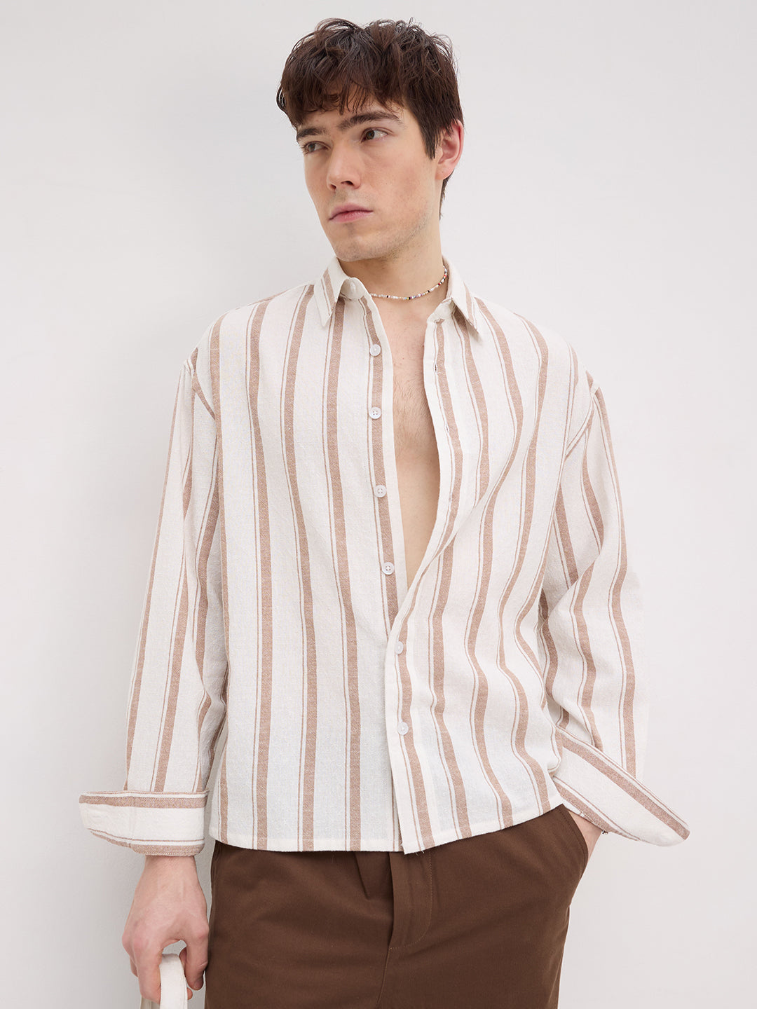 Natural Deep Khaki Striped Boxy Fit Crop Shirt