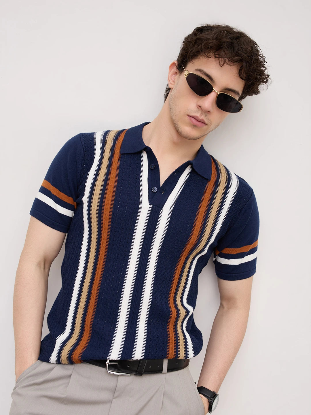 Vintage Multi-Stripe Raceway Zip Flat Knit Polo T-Shirt