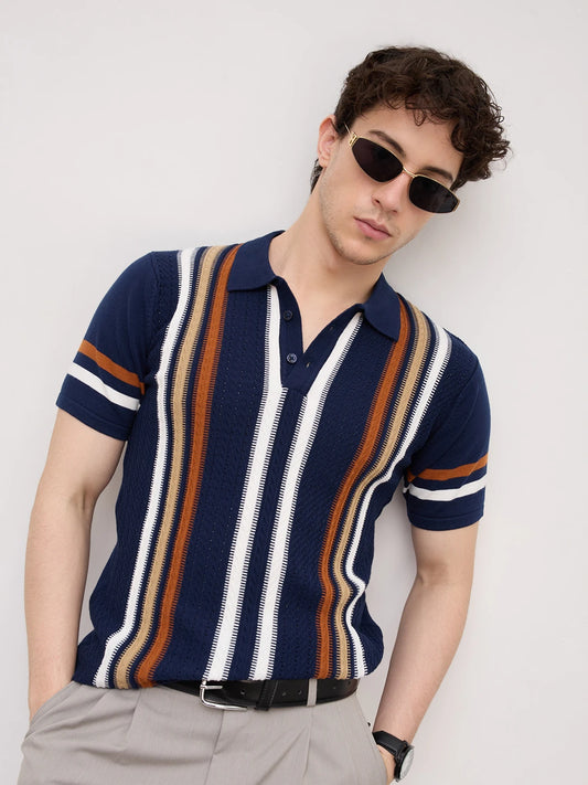 Vintage Multi-Stripe Raceway Zip Flat Knit Polo T-Shirt