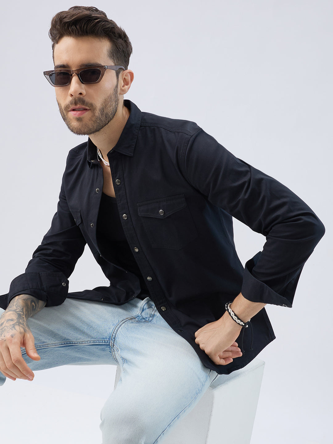 Elegant Solid Black Double Pocket Overshirt