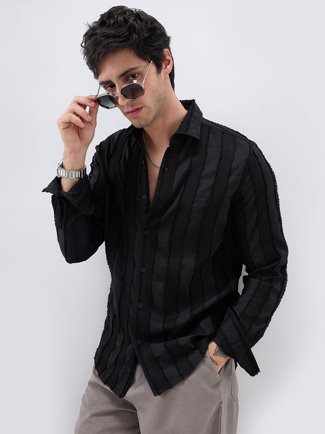 Jet Black Frayed Panelled Waffle Textured Shirt