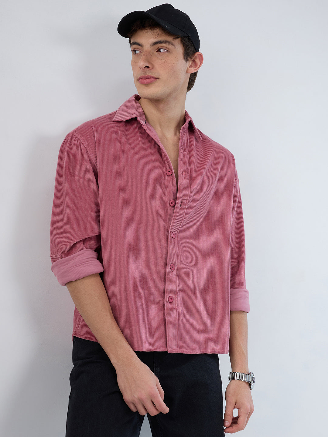 Wild Orchid Pink Corduroy Boxy Fit Crop Shirt