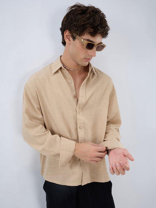 Beige Slub Textured Boxy Fit Crop Shirt