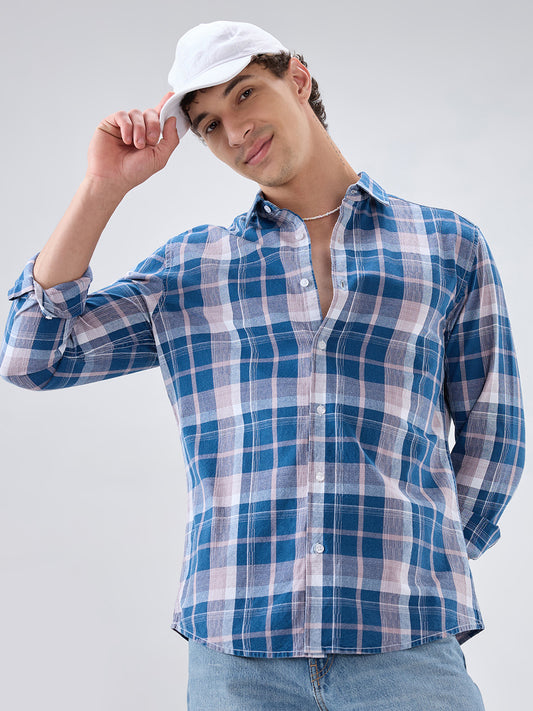 Denim Blue & Peach Multi Line Block Checks Shirt
