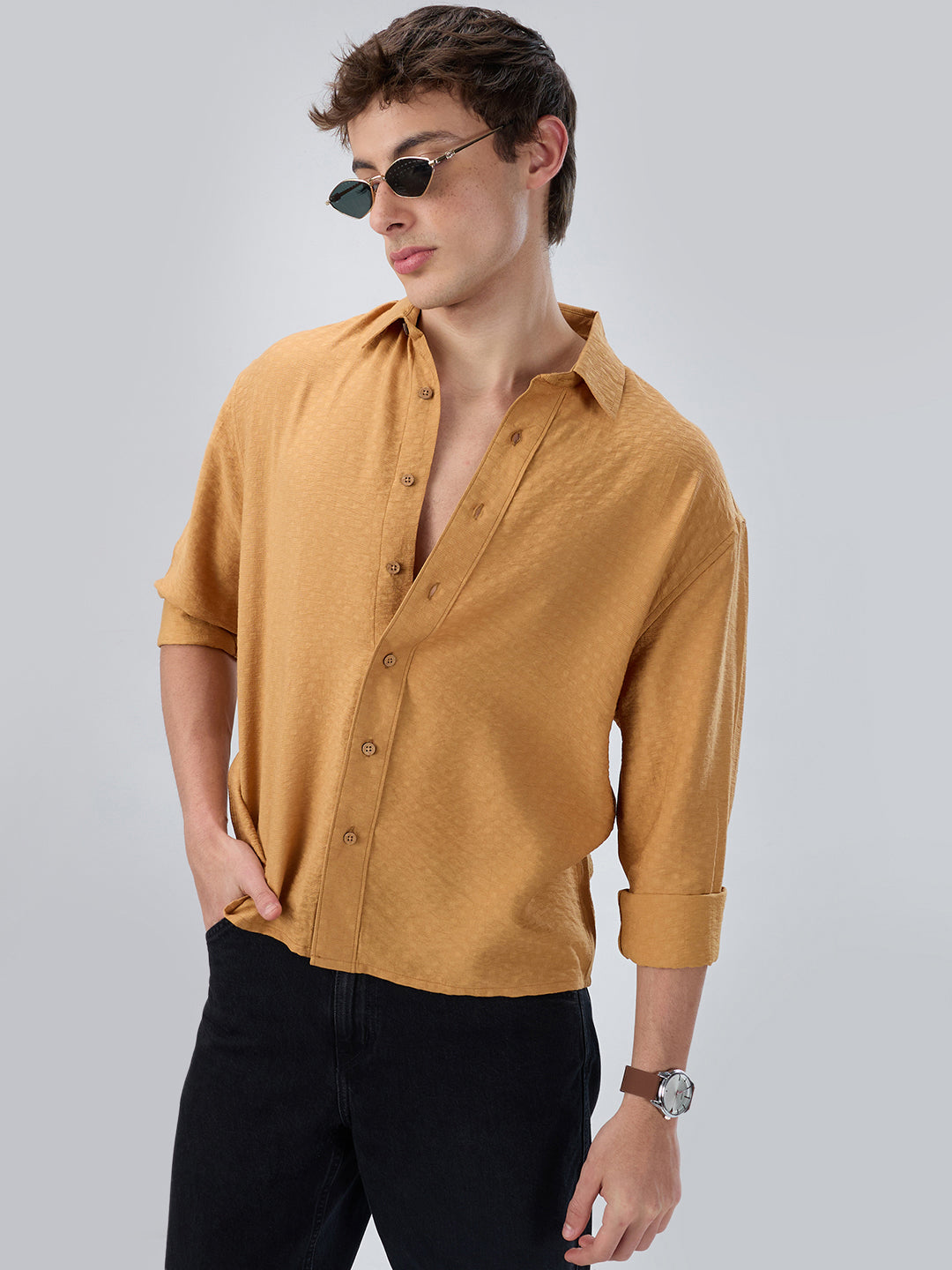 Warm Mustard Sun-Cured Lightweight Textured Boxy Fit  Crop Shirt