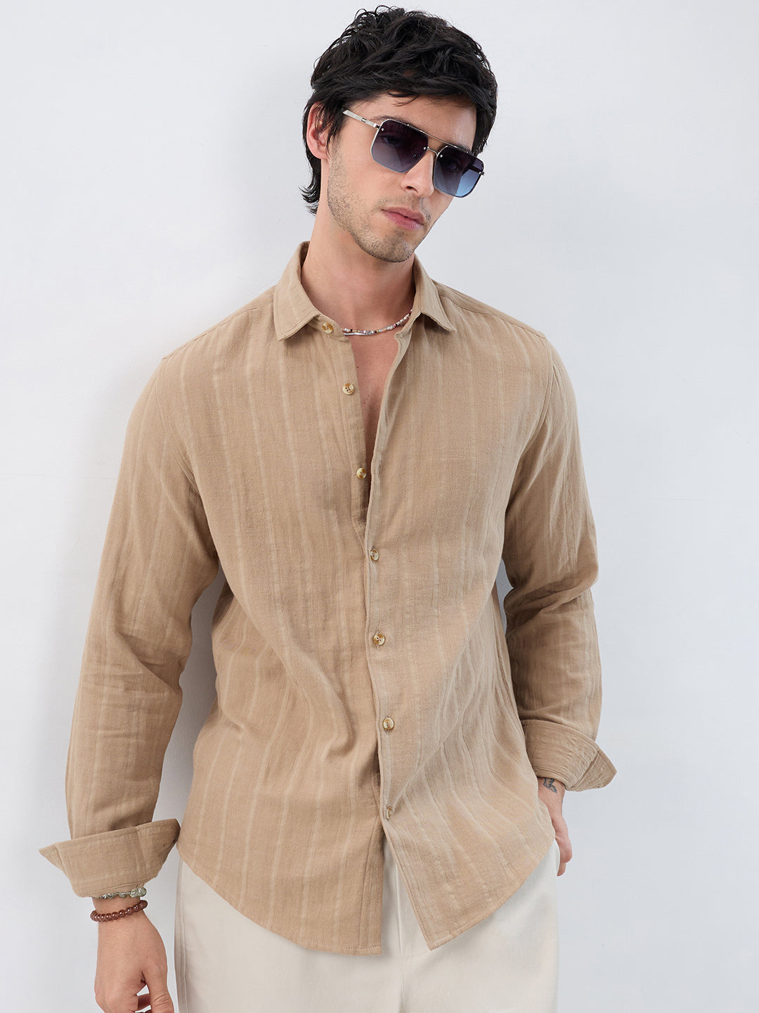 Tuscan Tan Double Cloth Luxe Striped Shirt