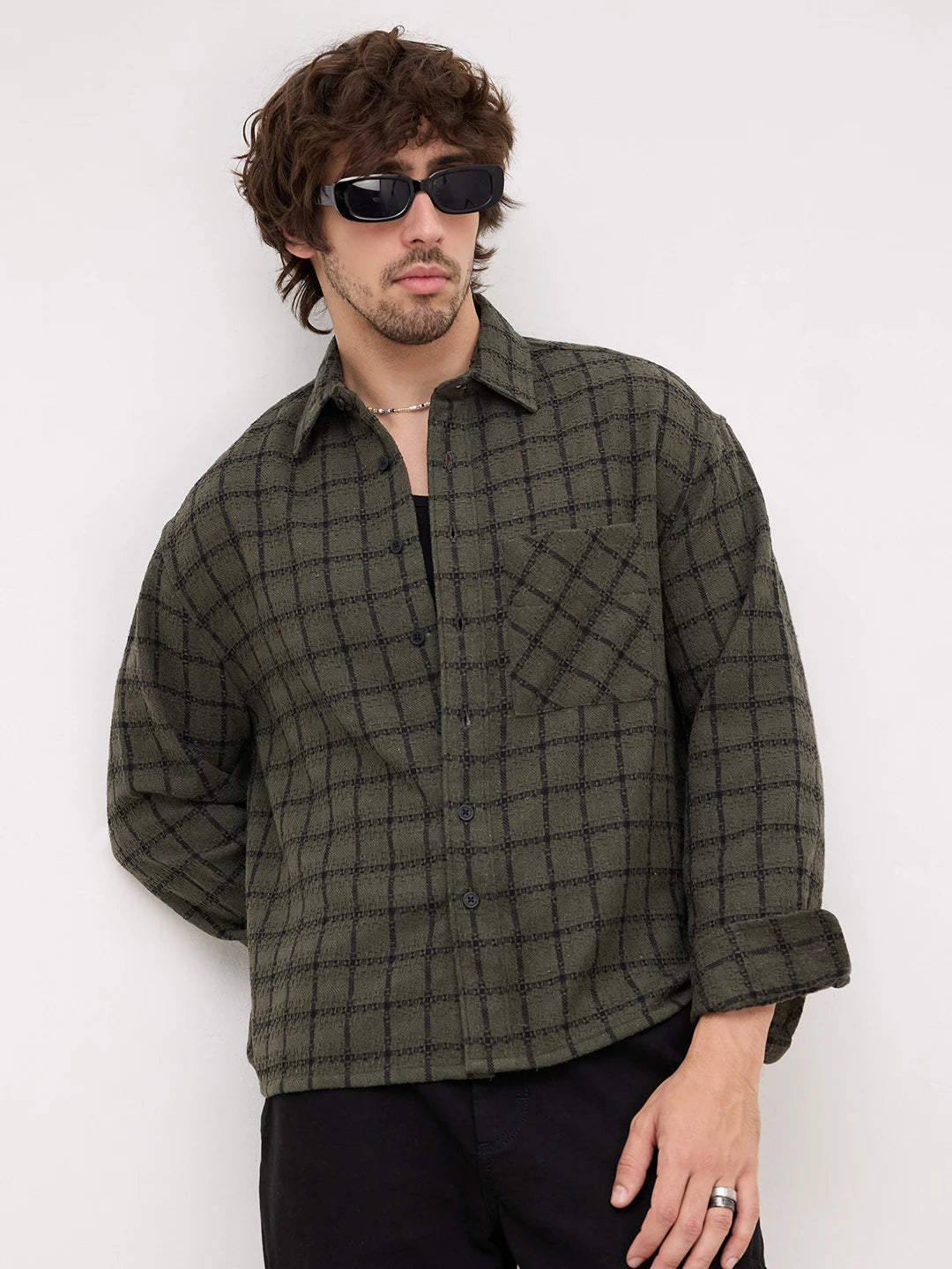 Olive Interweave Box Checks Flannel Boxy Fit Crop Shirt