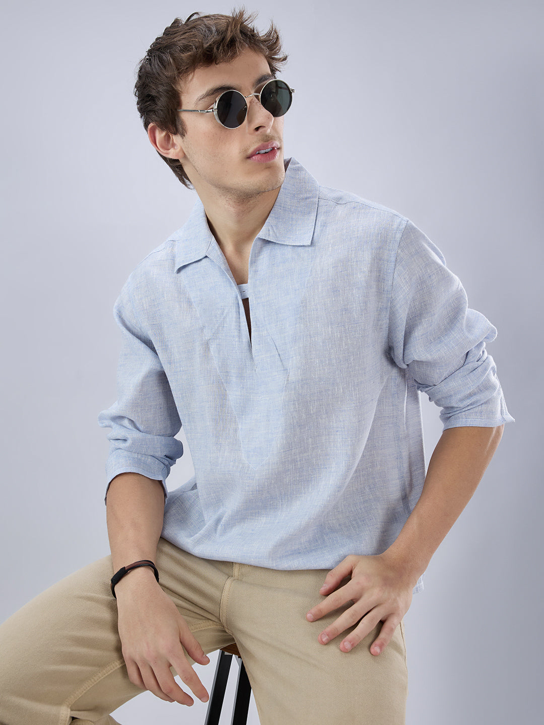 Sky Blue Textured Cuffless Oversized Shirt