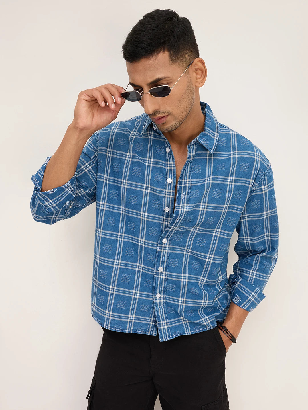 Denim Contrast Frame Checks Boxy Fit Crop Shirt