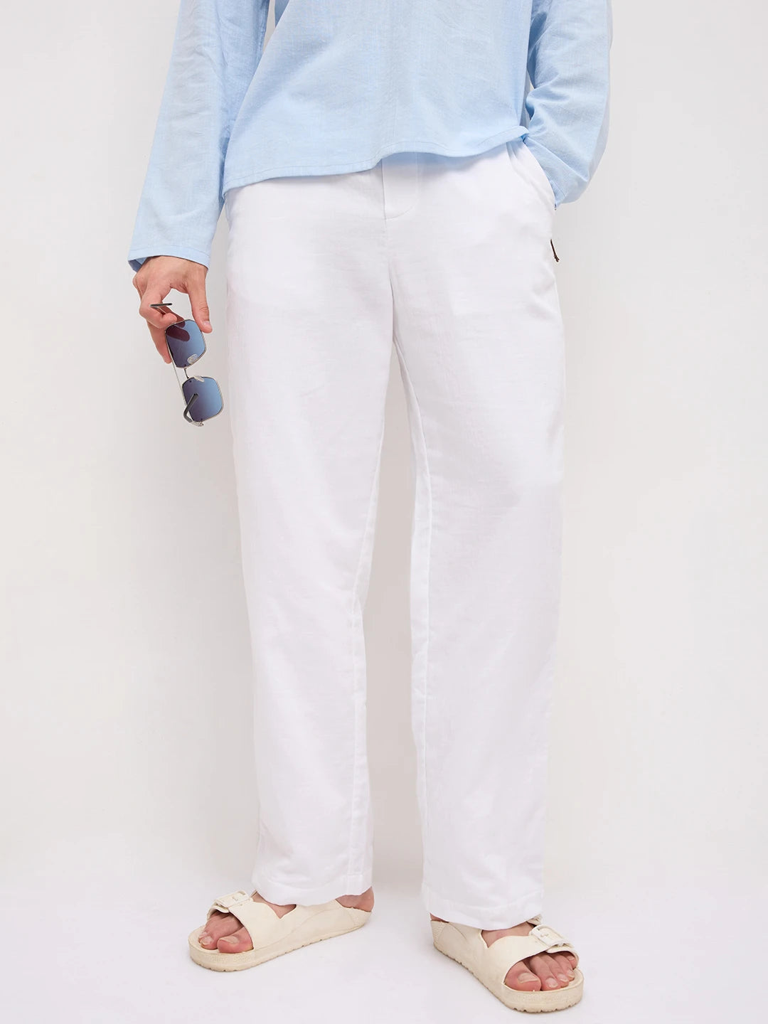 Cloud White Fine Herringbone Textured Straight Fit Trousers