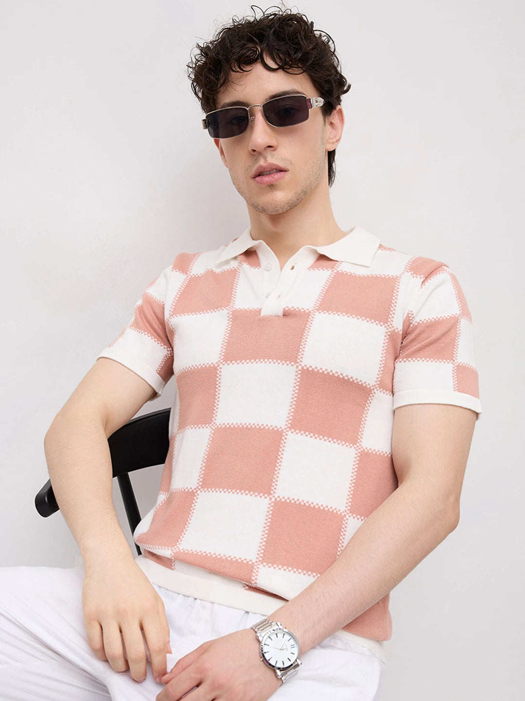 Scalloped Soft Peach Block Checks Polo Flat Knit T-shirt