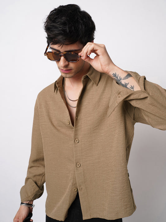 Khaki Side-Slit Button Oversized Crop Shirt
