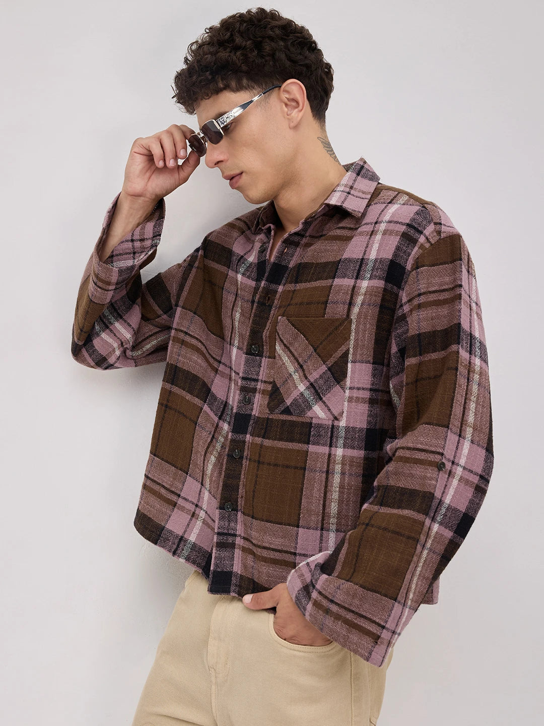 Luxe  Brown & Black Interlock Checks Cuffless Oversized Crop Shirt