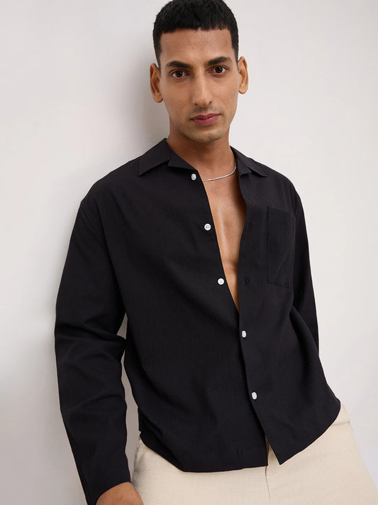 Luxe Black Fine Textured Notch Collar Oversized Shirt