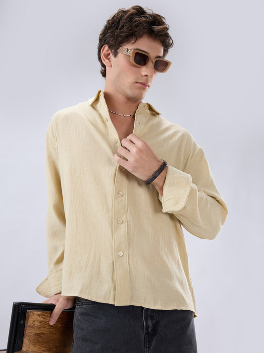 Sunwash Beige Slub Textured Boxy Fit Crop Shirt