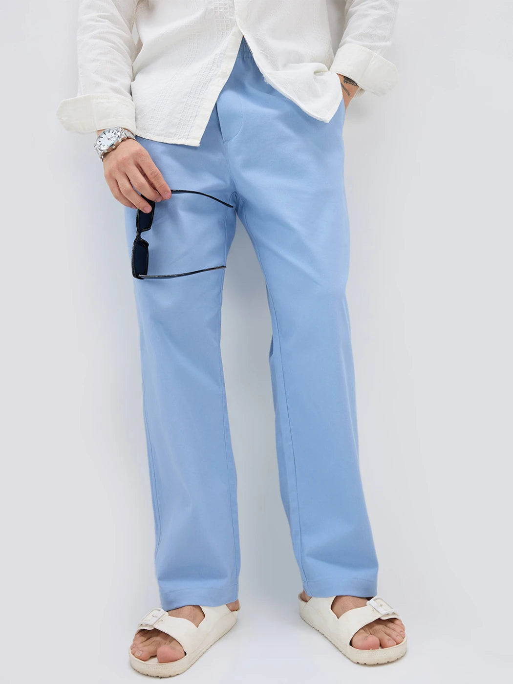 Solid Steel Blue Twill Tapered Trousers