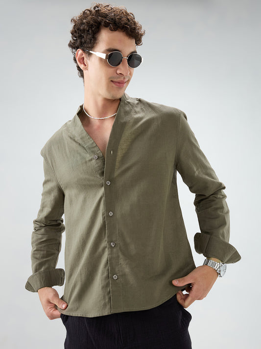 Solid Olive Stand Collar Linen Blend Oversized Shirt