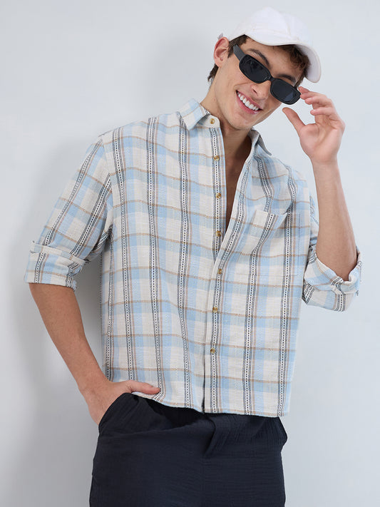 Icy Blue & White Multi-Tone Boxy Fit Crop Shirt