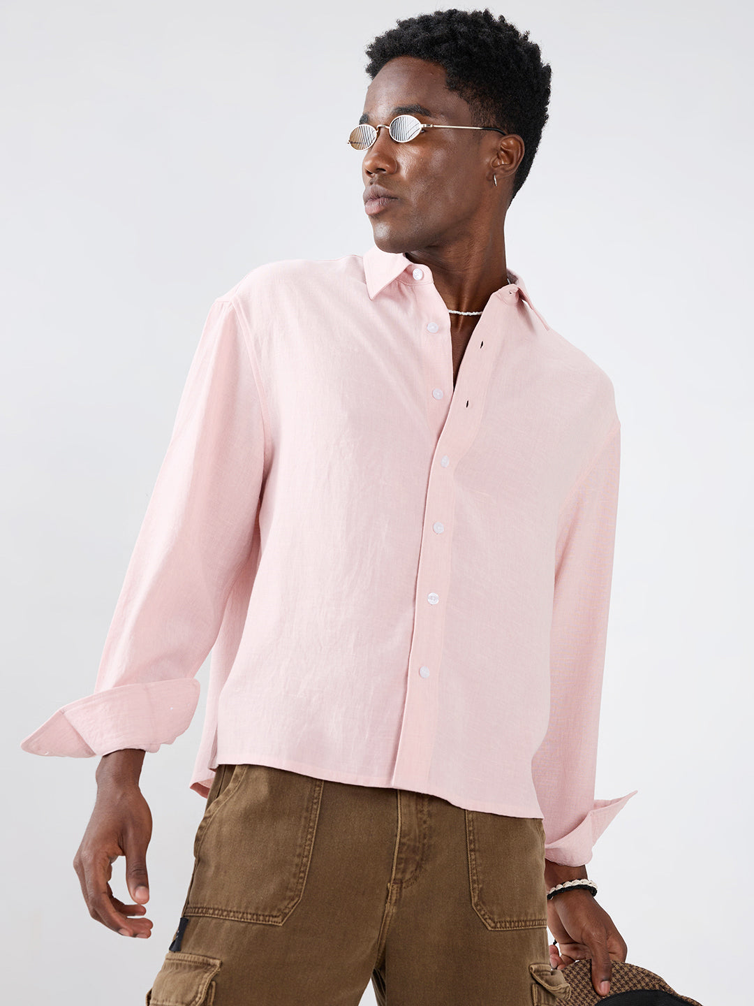 Blush Pink Fine Weave Boxy Fit Crop Shirt