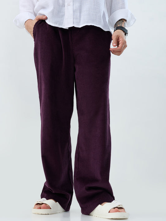 Plush Wine Corduroy Straight-Fit Trousers