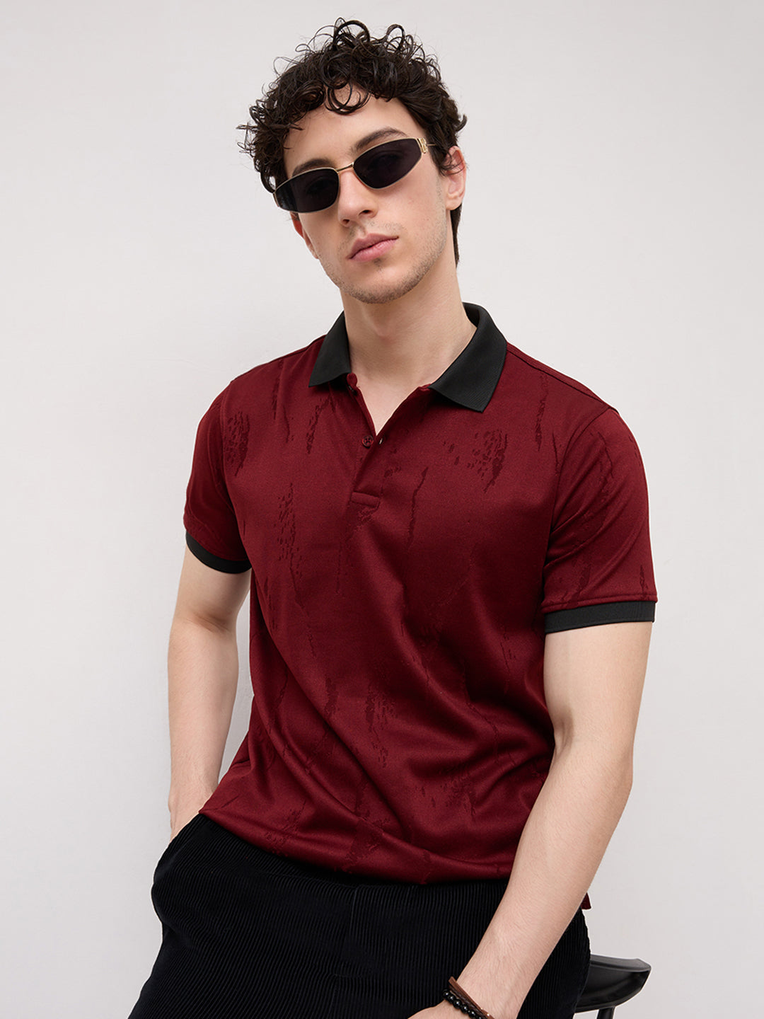 Aesthetic Maroon Textured Contrast Polo Knit T-Shirt