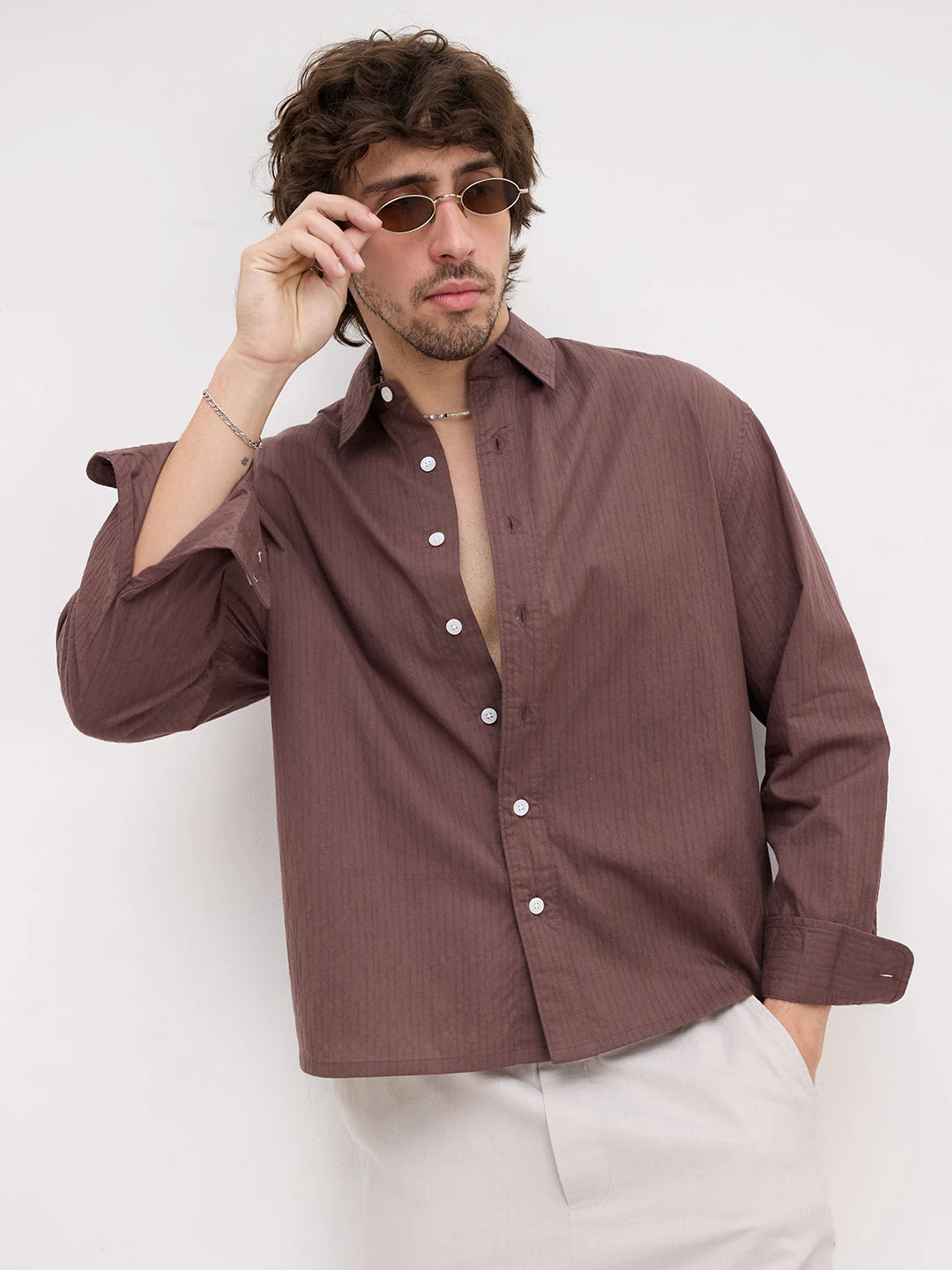 Deep Bark Brown Fine Textured Boxy Fit Crop Shirt