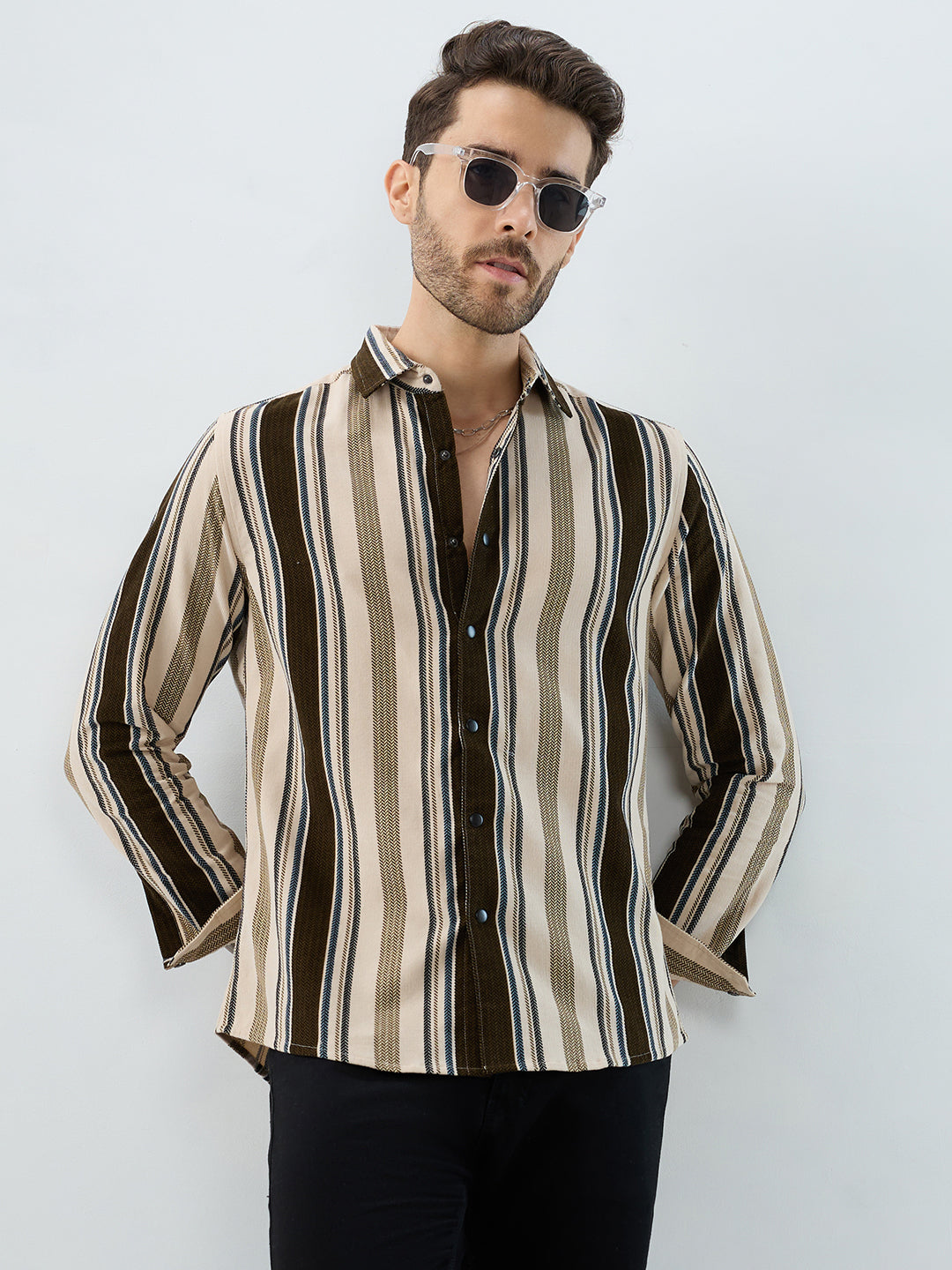 Luxe Brown & Beige Herringbone Striped Shirt