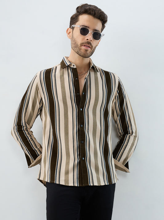 Luxe Brown & Beige Herringbone Striped Shirt