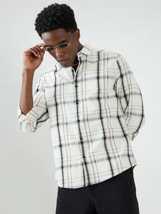 Premium White & Grey Soft Textured Checks Shirt