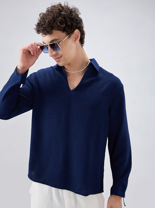Midnight Navy Crepe Oversized Polo Shirt