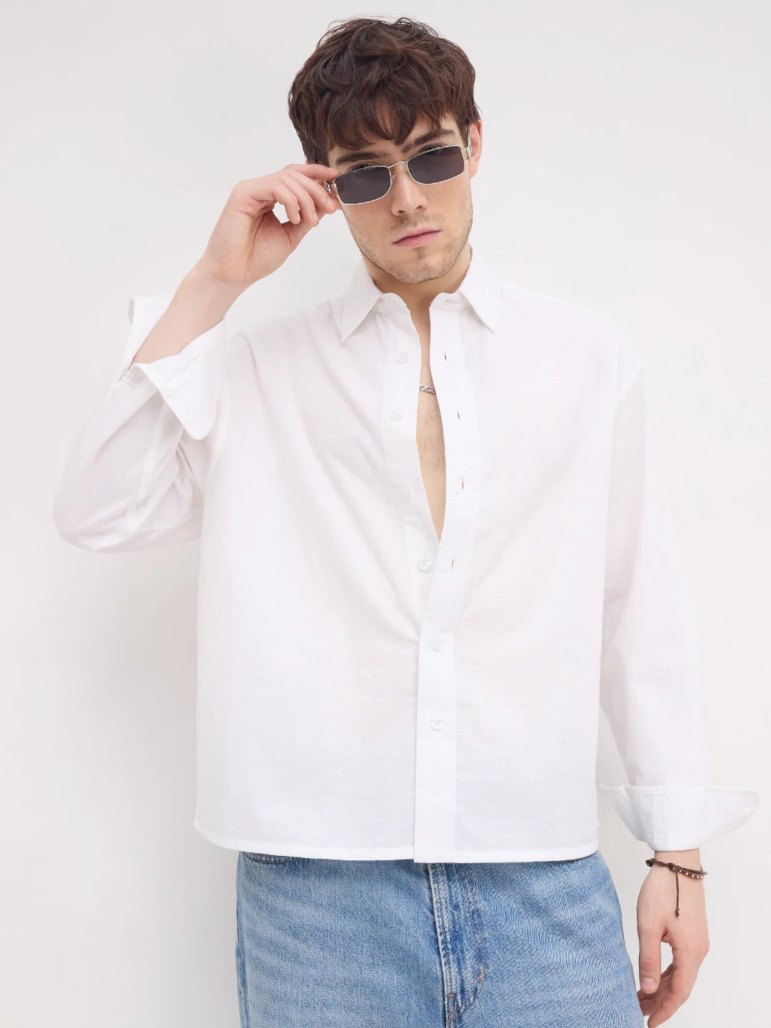 Pearl White Linen Blend Boxy Fit Crop Shirt