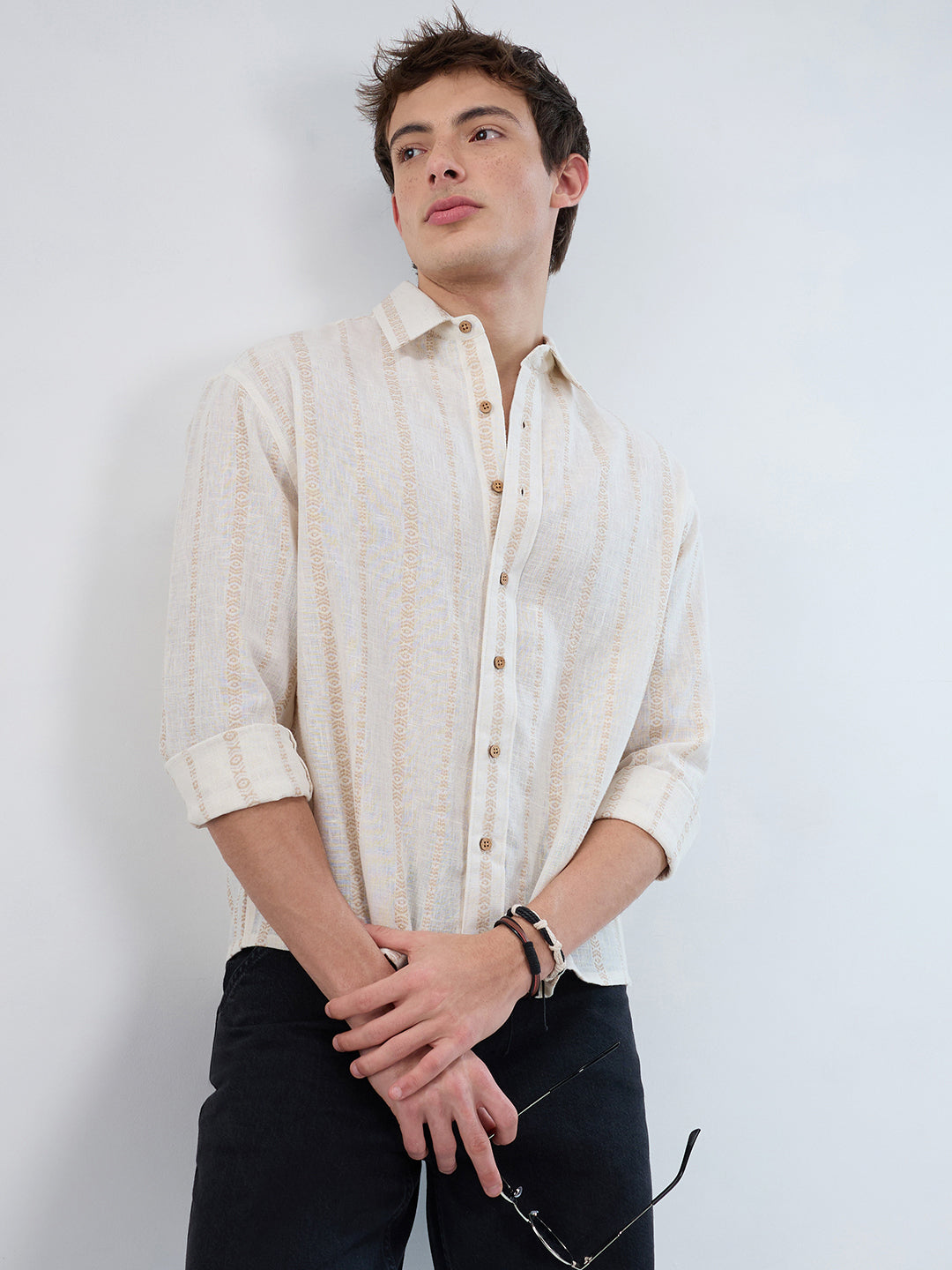 Ivory & Beige Burlap Striped Embroidery Boxy Fit Crop Shirt