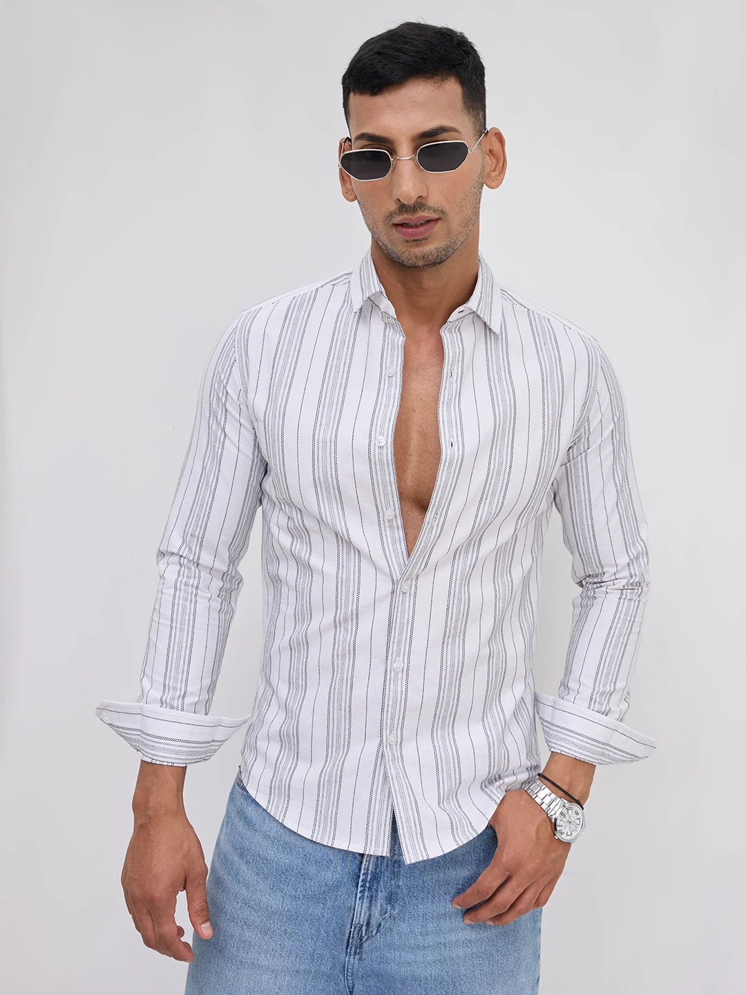 Monochrome Fine Threadwork Striped Shirt