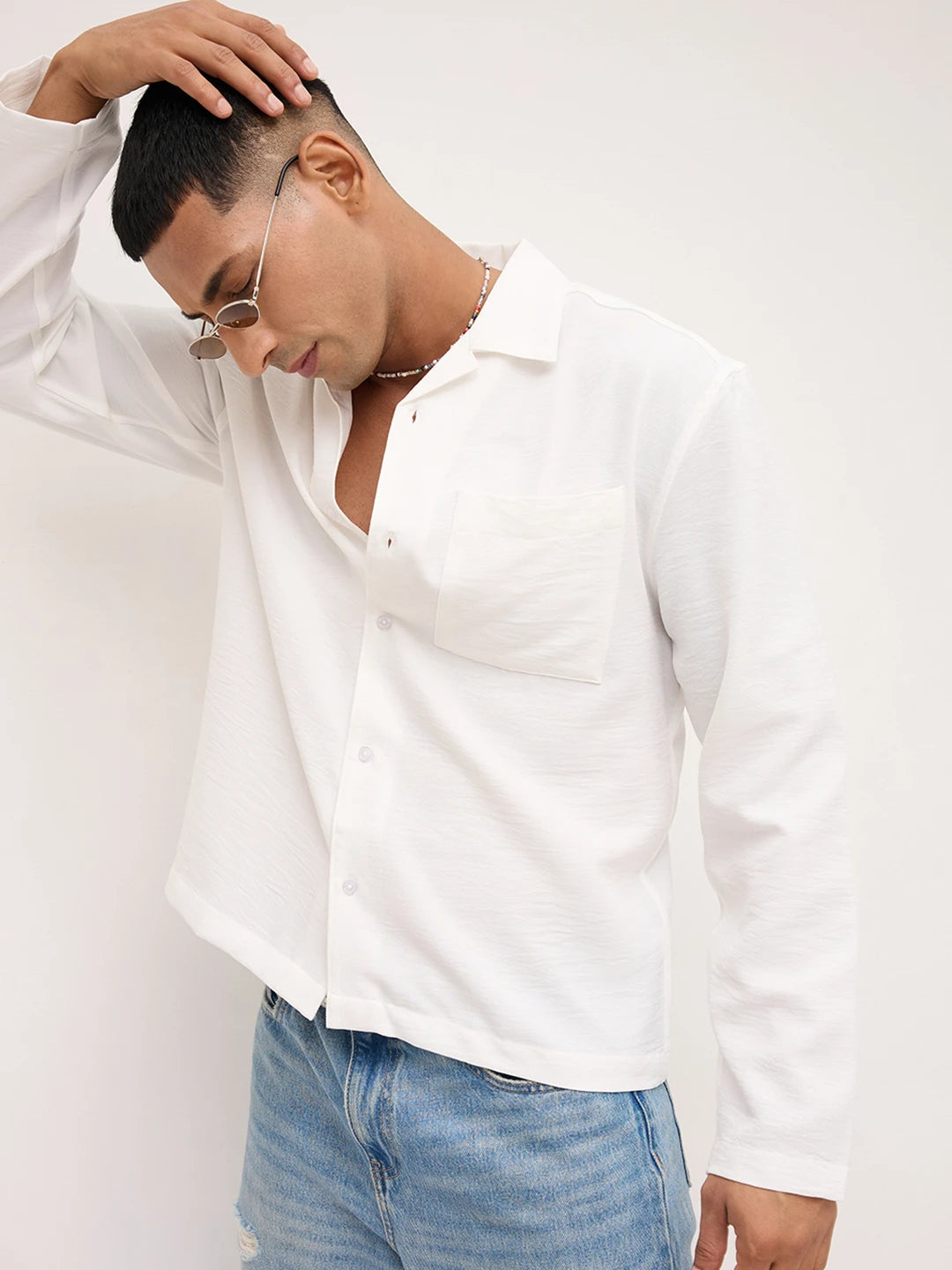 Pearl White Crinkled Notch Collar Oversized Shirt