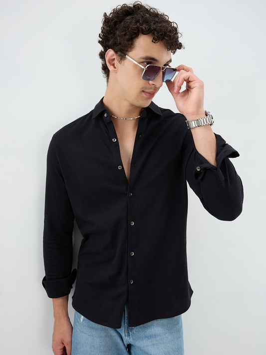 Elegant Black Knit Textured Shirt