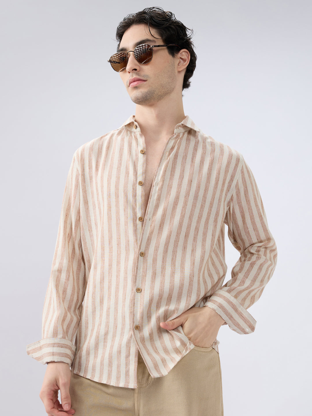 Sand Drift Paneled Stripe Linen Blend Shirt