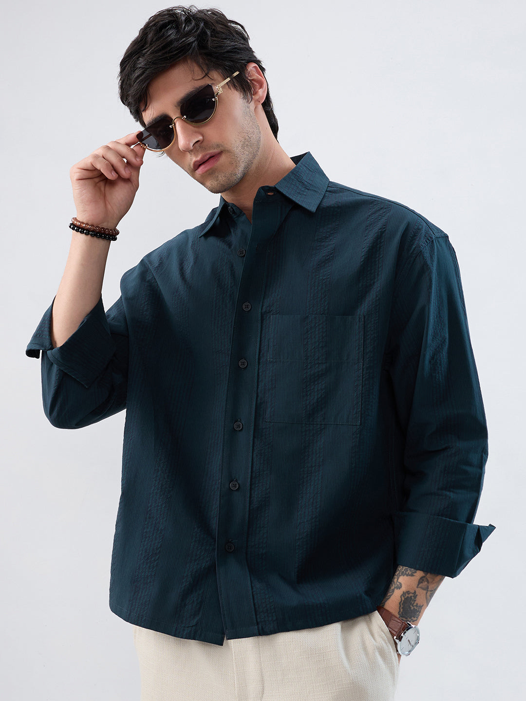 Luxe Dark Green Refined Striped Boxy Fit Crop Shirt