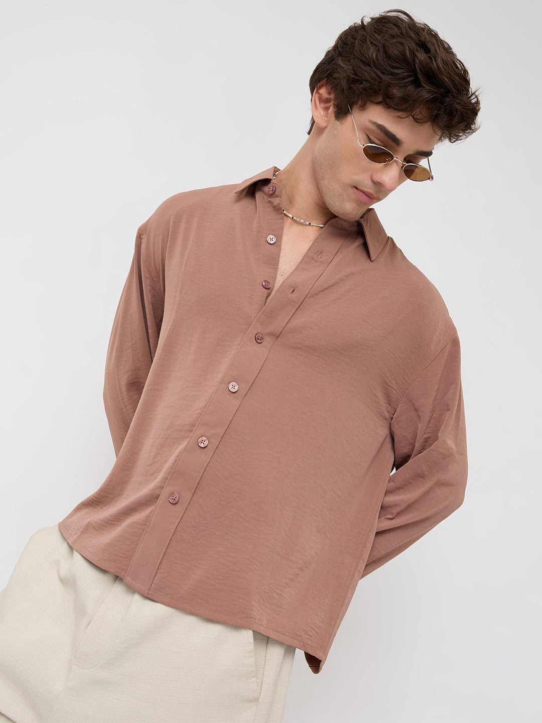Luxe Russet Brown Ultra Soft Crinkled Boxy Fit Crop Shirt