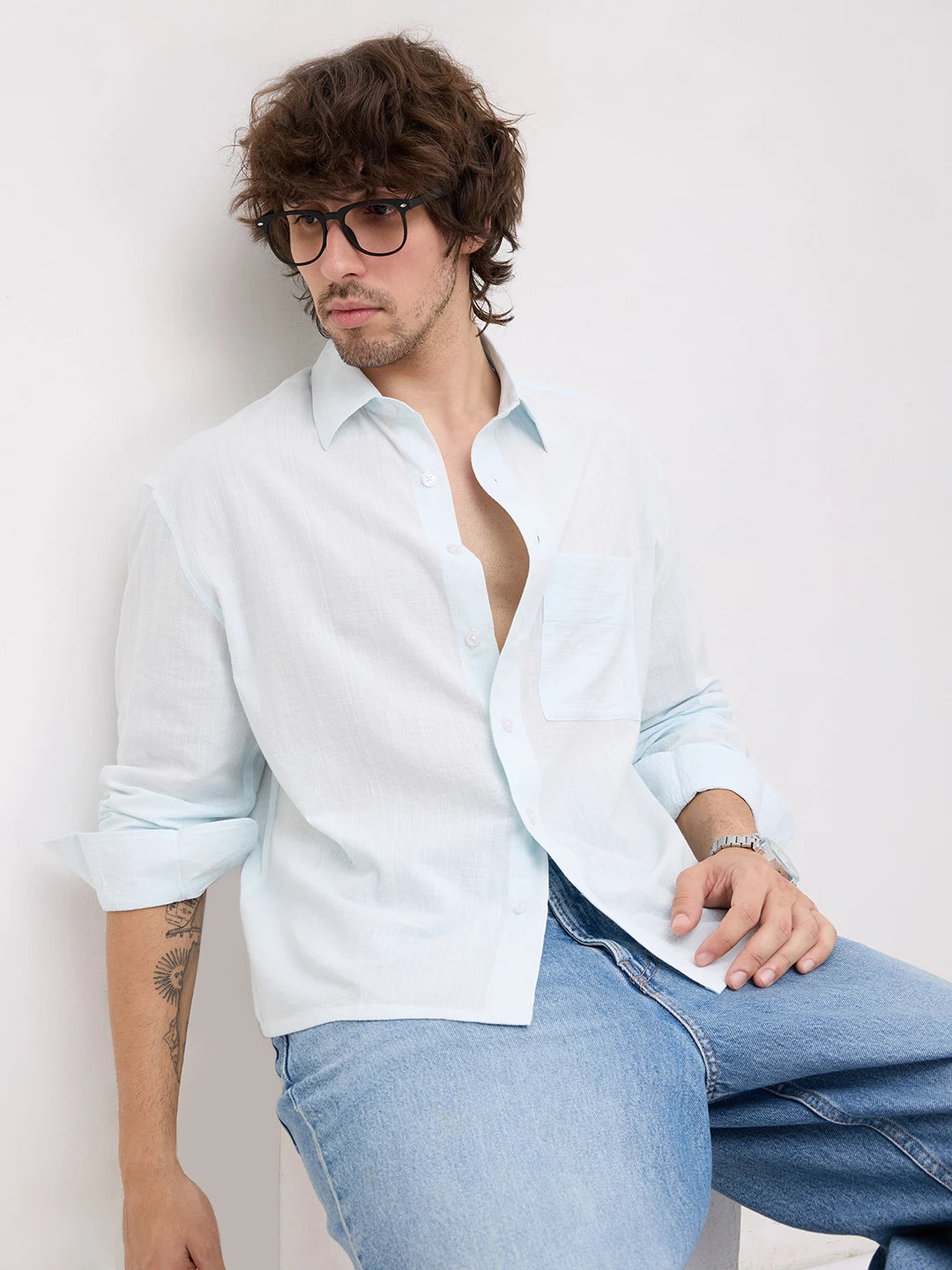 Ice Blue Fine Striped Textured Boxy Fit Crop Shirt