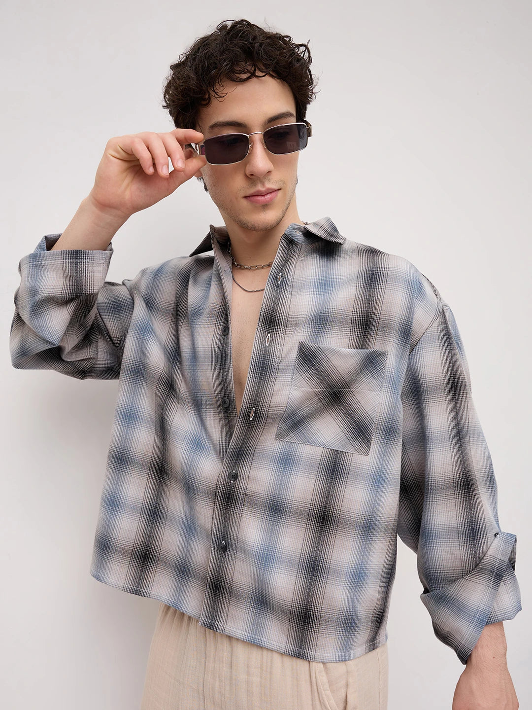 Luxe Grey Shadow Checks Cuffless Oversized Crop Shirt