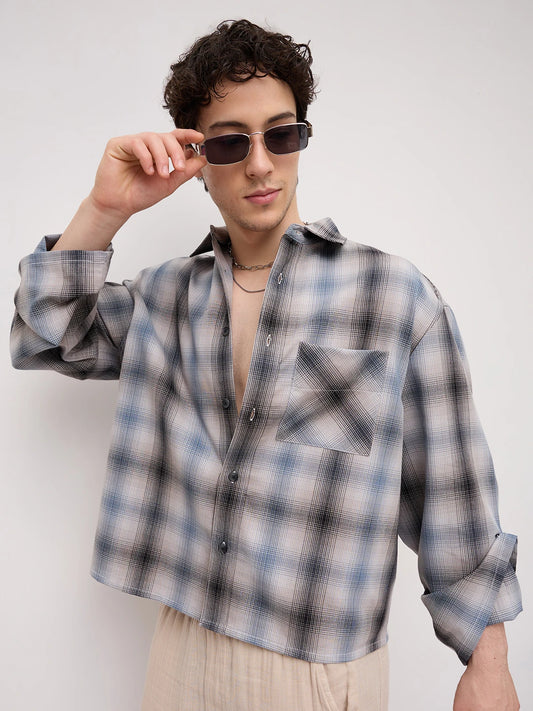 Luxe Grey Shadow Checks Cuffless Oversized Crop Shirt