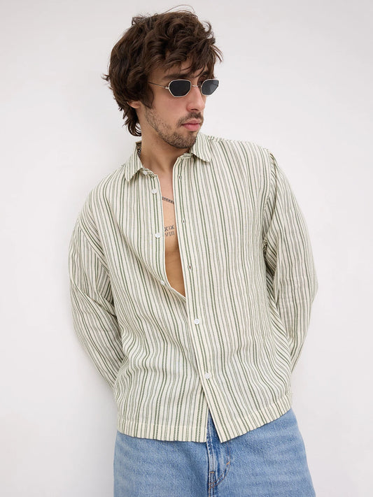 Sage Green Chainstriped Cuffless Oversized Shirt