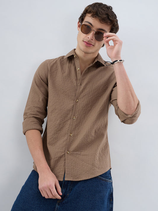 Mocha Brown Box Checks Embossed Double Cloth Shirt