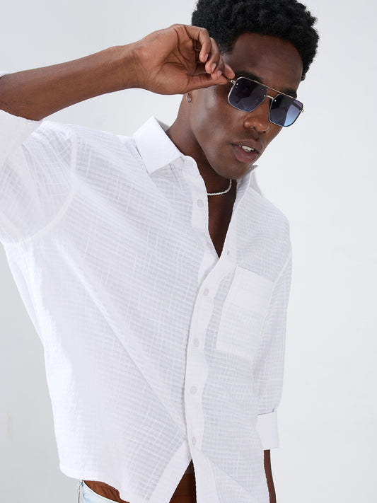 Snow White Micro Grid Textured Weave Boxy Fit Crop Shirt