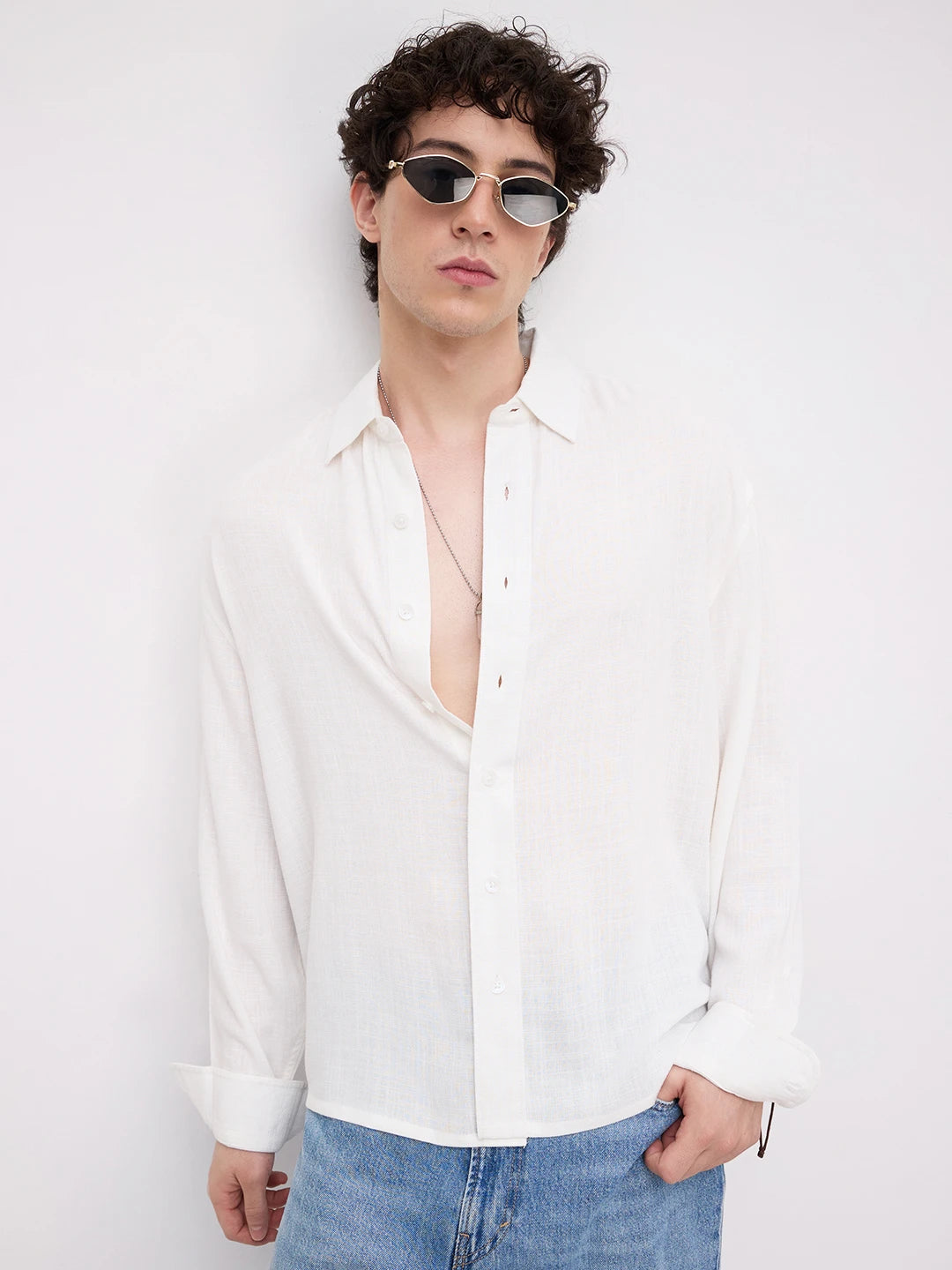 Pearl White Grid Textured Boxy Fit Crop Shirt