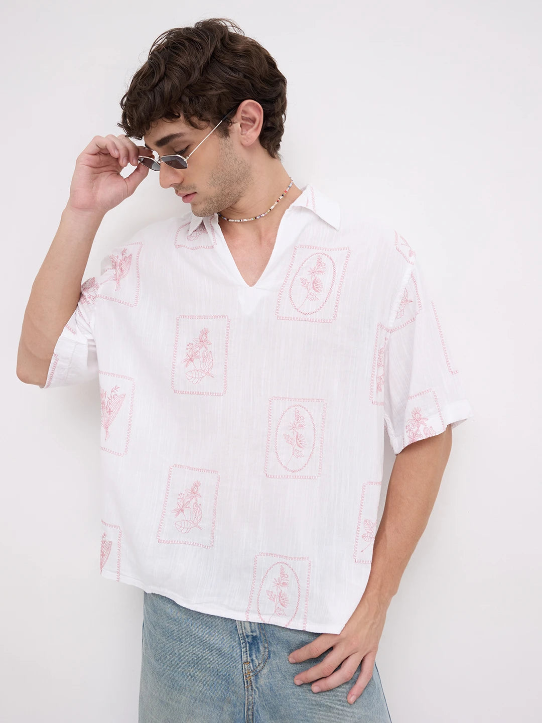 Old Rose Pink Florèal Frame Embroidery Polo Oversized Shirt