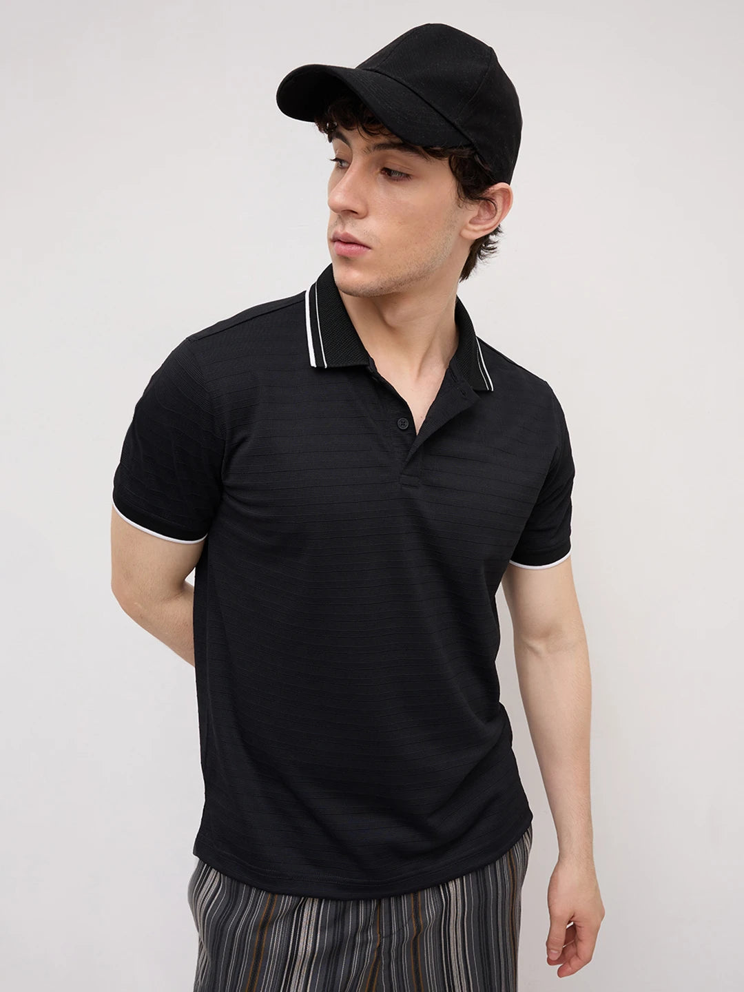 Signature Black Horizontal Stripe Contrast  Polo Knit T-Shirt