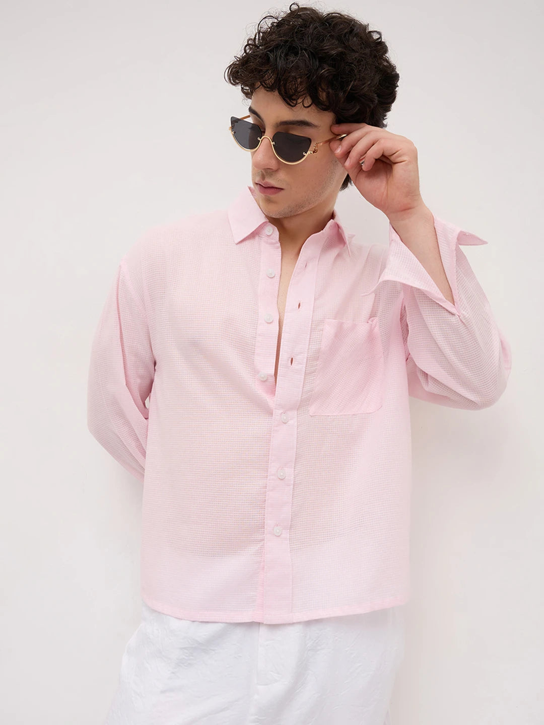 Sheer Blush Pink Gingham Checks Boxy Fit Crop Shirt