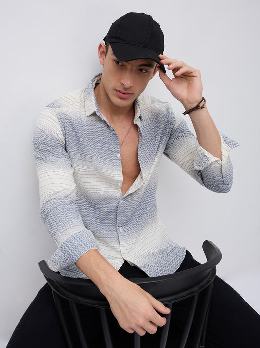 White & Blue Jacquard Wave Pattern Striped Shirt