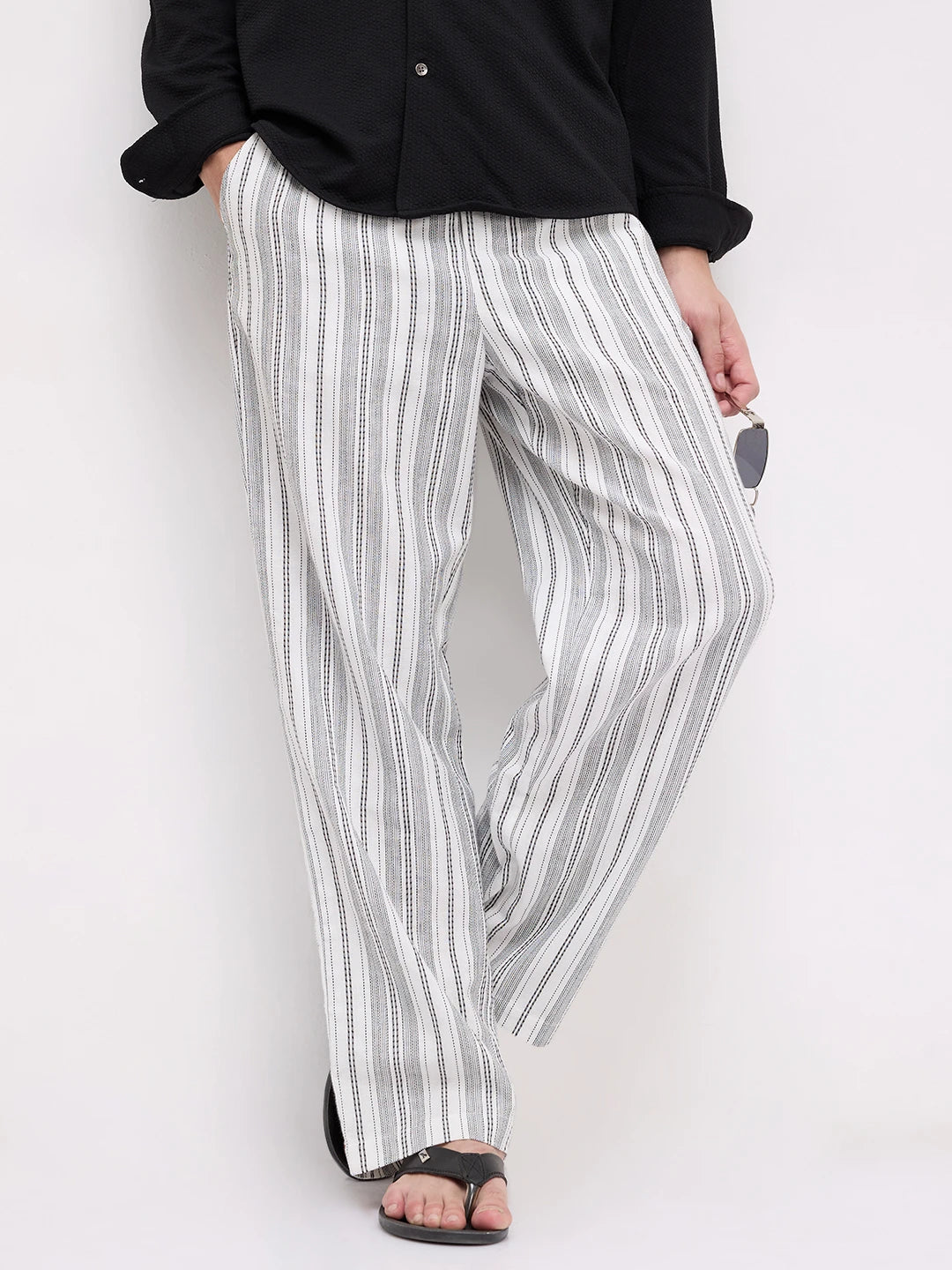 Artisan White Striped Straight Fit Trousers